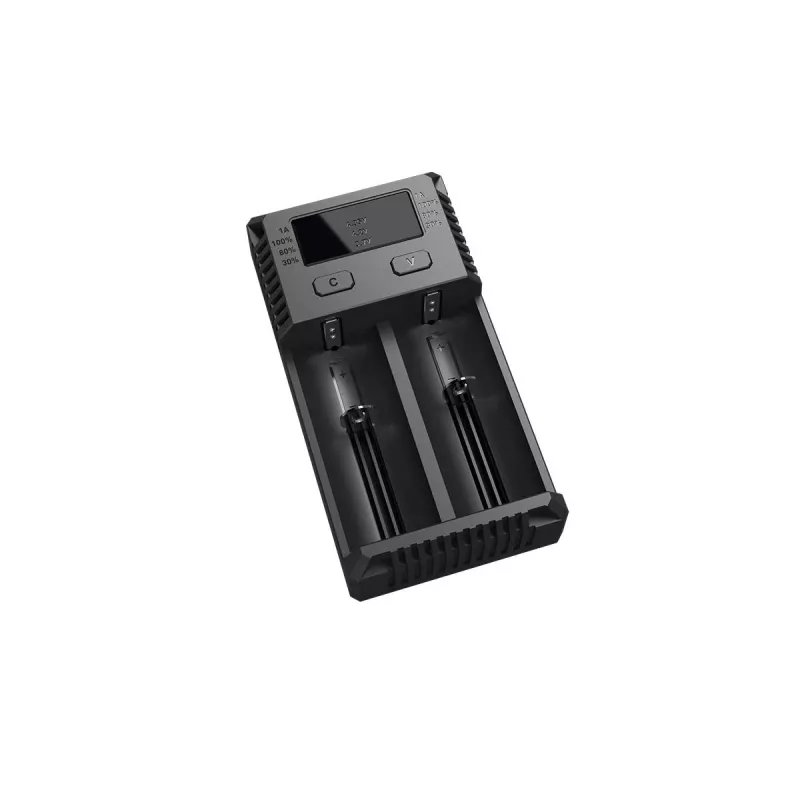 Batterieladegerät Nitecore NEW i2 — 2-Schacht-Ladegerät für LiFePO4, Li-Ion, NiMH; Eingang 100–240V; Ausgang 9–12V; unterstützt AAAA/C/D/AAA/AA; schwarz