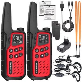 Tragbares Walkie-Talkie Baofeng BF-T25E — 16 Kanäle, 0,5 W, Li-Ion 1400 mAh, 2er-Set (rot)