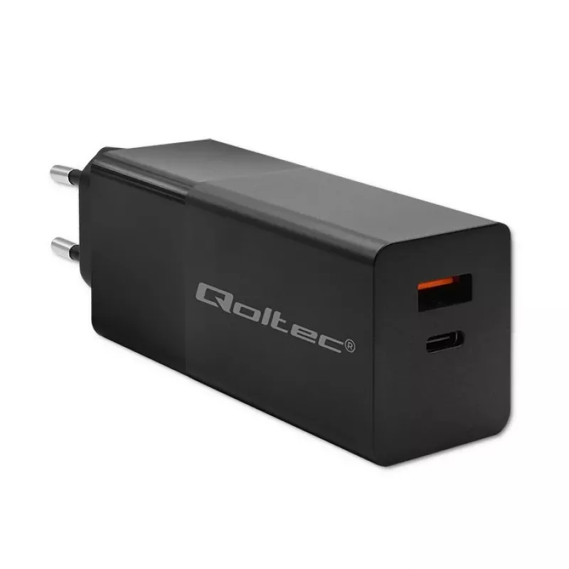 Qoltec 52382 GaN POWER PRO Ladegerät | 1xUSB Typ C | 1xUSB A | 100W | 5-20V | 1.5-5A | PD | Schwarz