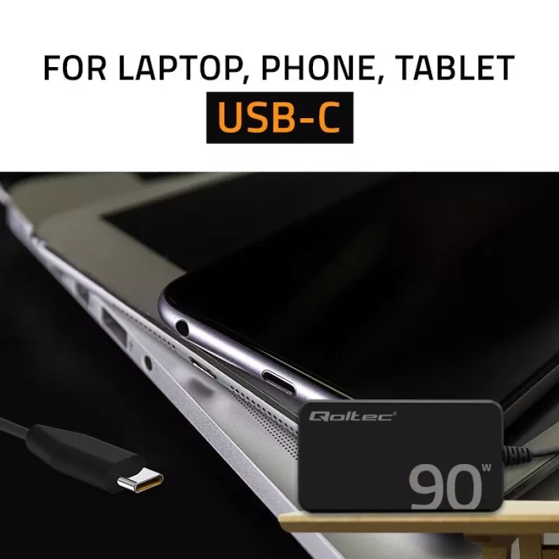 Qoltec 90W GaN Super Fast SLIM Wandladegerät | XP | 5-20V | 4,5A | USB-C 3.1 | Laptop | MacBook | Smartphone | + Kabel