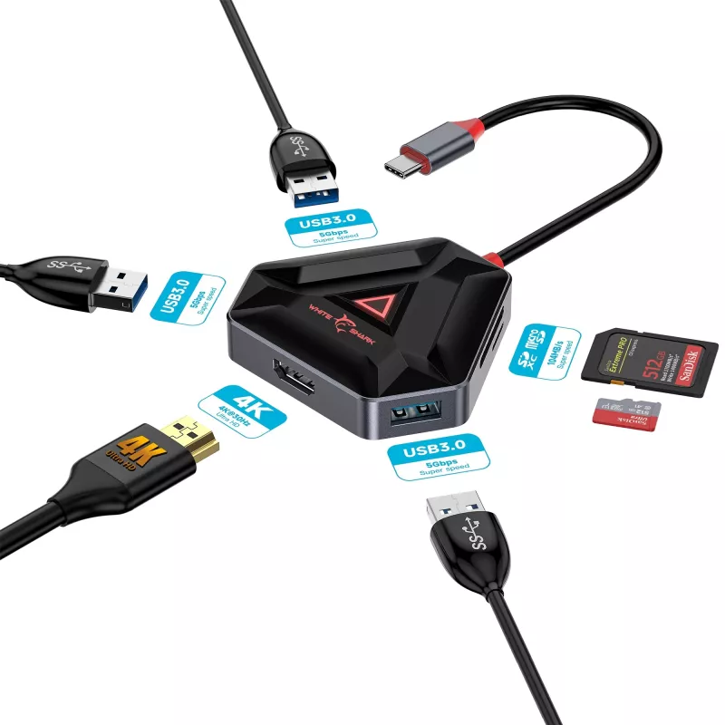 USB-C-Hub SBOX HEXAGON 6-in-1 mit HDMI und Ethernet, Typ-C weiß