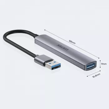 USB-Hub Unitek H1208A — 4 Ports (1 × USB 3.2 Gen 1 Typ-A, 3 × USB 2.0), Aluminiumgehäuse, grau, 0,20 m Kabel