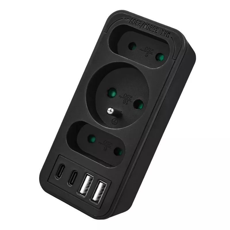 Power-Splitter MACLEAN MCE248 F/B — 3 AC-Steckdosen (1x16A, 2x6A) und 4 USB-Anschlüsse (2xUSB‑A, 2xUSB‑C PD 20W), EU-Stecker, schwarz