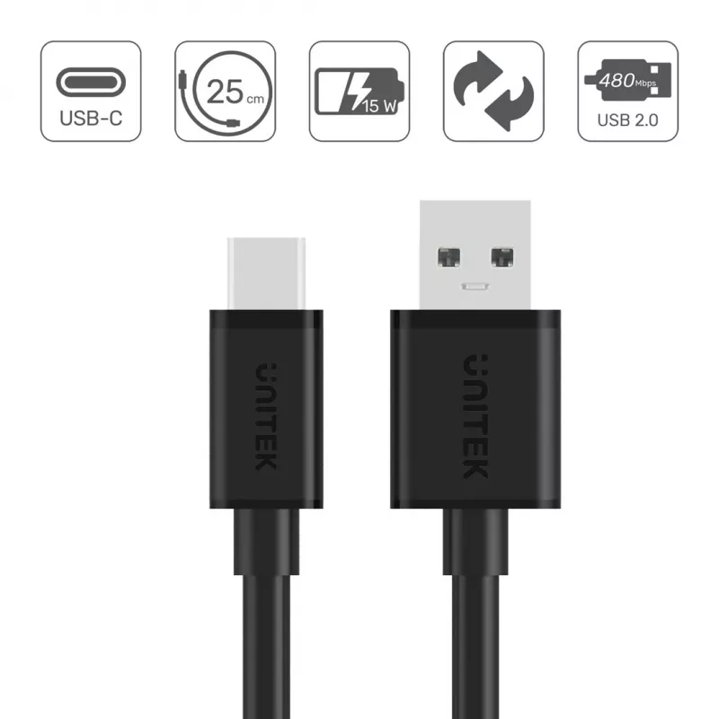 UNITEK USB-KABEL USB-A — USB-C 25CM, Y-C480BK