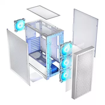 PC-Gehäuse LOGIC Dart Pro Midi ARGB weiß — Midi Tower, ATX, 456×200×385 mm, max. GPU 34 cm, CPU-Kühlerhöhe 155 mm, 3x120mm vorne + 1x120mm hinten, USB 3.0 x2, USB-C x1