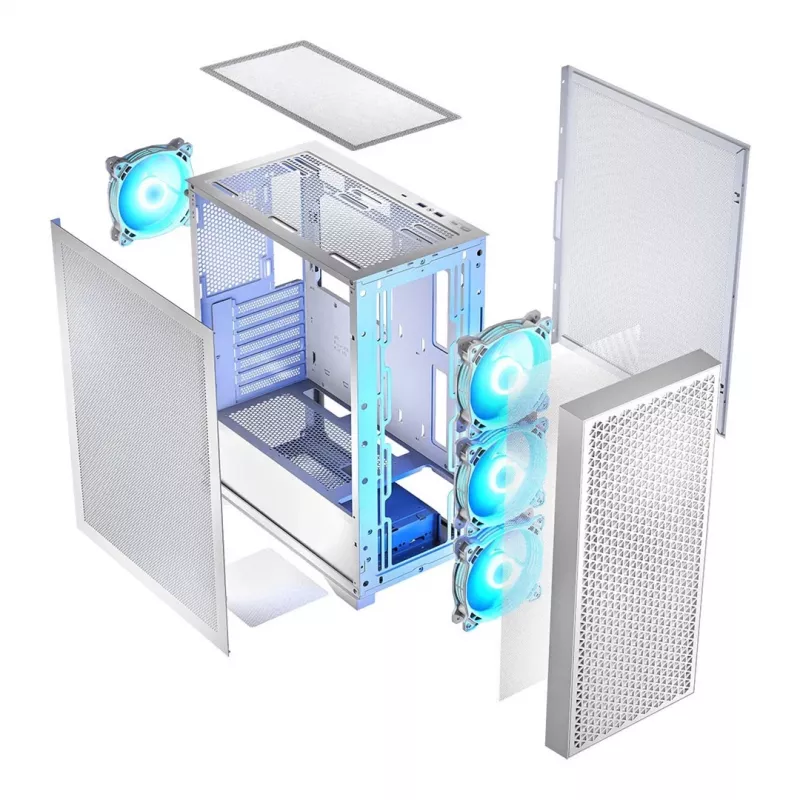 PC-Gehäuse LOGIC Dart Pro Midi ARGB weiß — Midi Tower, ATX, 456×200×385 mm, max. GPU 34 cm, CPU-Kühlerhöhe 155 mm, 3x120mm vorne + 1x120mm hinten, USB 3.0 x2, USB-C x1