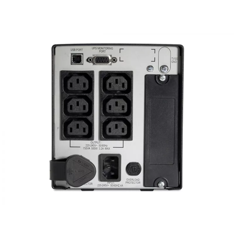 APC Smart UPS 750VA 230V USB mit UL-Zulassung, 0,75 kVA, 500 W, 50/60 Hz, 340 J, IEC 60320, 4,8 Min.