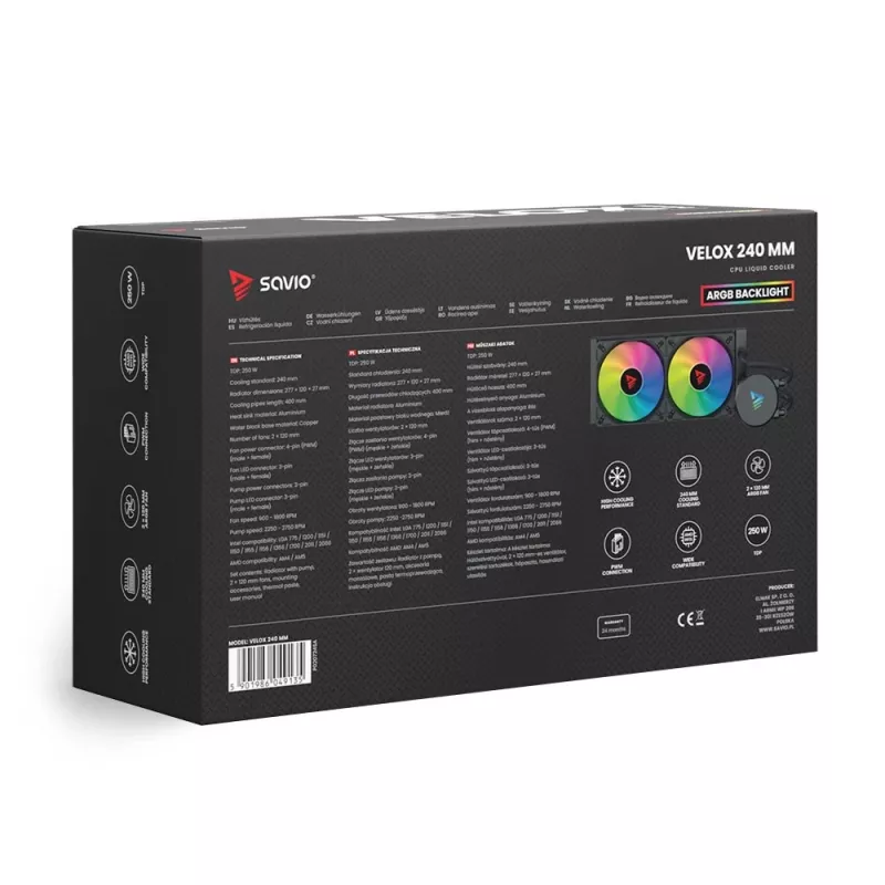 Flüssigkeitskühlungsset SAVIO VELOX 240 mm Schwarz — 240-mm-Radiator, 205×450 mm, 2 Lüfter, TDP 250 W