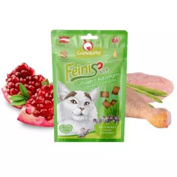 Katzenleckerlis Fox4Pets GRANATAPET FeiniSnack Geflügel mit Katzengras, fleischiger fester Snack, 50 g, getreidefrei, für ausgewachsene Katzen