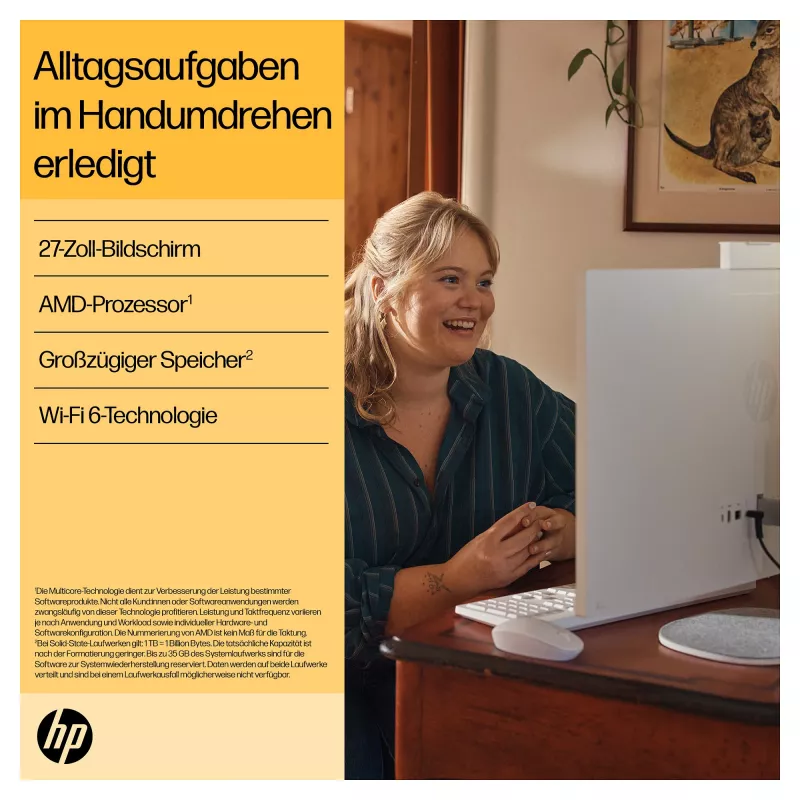 HP 27-cr0471ng - All-in-One (Komplettlösung) - Ryzen 7 7730U - RAM 16 GB - SSD 512 GB - NVMe - Radeon Graphics - 1GbE, Wi-Fi 6, Bluetooth - WLAN: 802.11a/b/g/n/ac/ax, Bluetooth