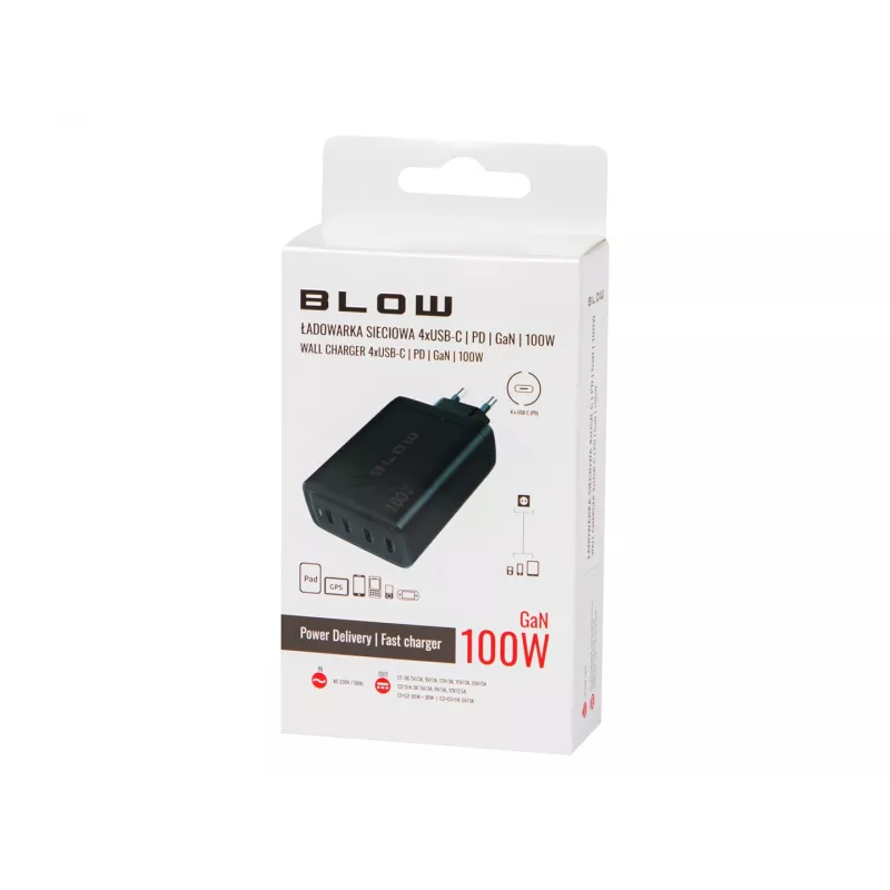 Wandladegerät BLOW 4×USB-C PD 100W GaN, 4 Ports, PD 3.0, PPS, 200–240V Eingang