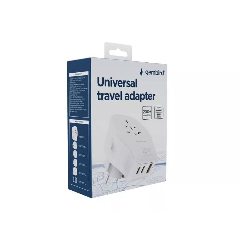 Wand-Reiseadapter GEMBIRD TPA-1A2C20-02-W 20W — 1xUSB-A + 2xUSB-C, Typ-G-Stecker, 100–250 V, weiß