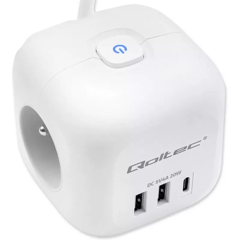 Power Cube QOLTEC 52547 Steckdosenleiste 3×AC-Steckdosen, 2×USB-A, 1×USB-C PD 20W
