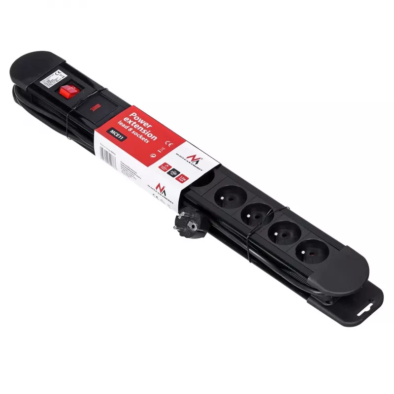 Power extension MACLEAN MCE11 — 8 AC outlets, 1.5 m Kabel, indoor, Schwarz, with on/off switch
