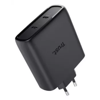 TRUST Maxo 100W 2-Port USB-C GaN Ladegerät — 100 W, 2× USB-C, max. 20 V, 2 m Kabel, schwarz