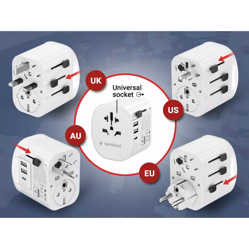 Reiseadapter GEMBIRD TPA-EU2A1C15-01-W – 15W, Typ-E-Stecker, 2× USB-A + 1× USB-C, 100–250V