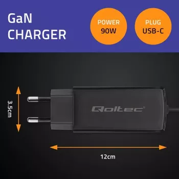 GaN 90W Ladegerät QOLTEC 52420 USB-C PD 5–20V 3A/4,5A Ausgang, 220–240V Eingang, 1,8 m Kabel, schwarz