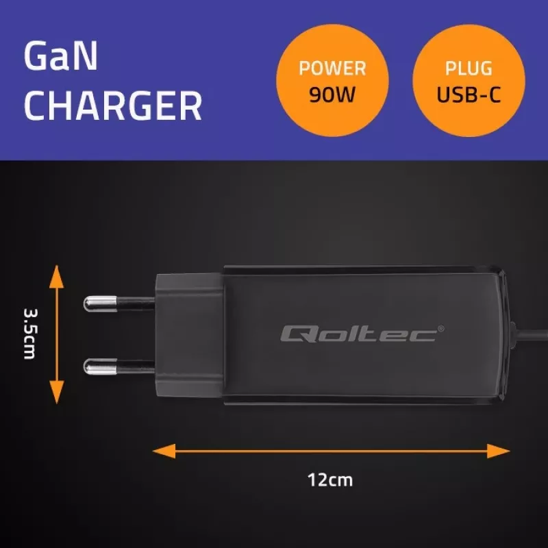 GaN 90W Ladegerät QOLTEC 52420 USB-C PD 5–20V 3A/4,5A Ausgang, 220–240V Eingang, 1,8 m Kabel, schwarz