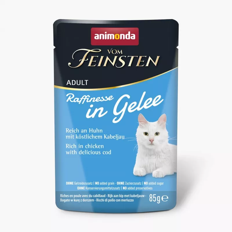 Nassfutter für Katzen animonda Vom Feinsten Adult Raffinesse in Gelee — Huhn & Kabeljau, 85 g, 82 % Feuchtigkeit, 8,5 % Protein, 5 % Fett