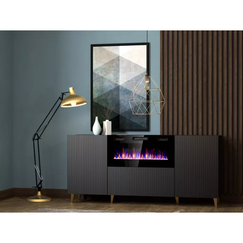 Kommode mit elektrischem Kamin Cama Meble PAFOS 180x42x82 cm mattschwarz, 3 Türen, 2 Einlegeböden, 1400–1600 W