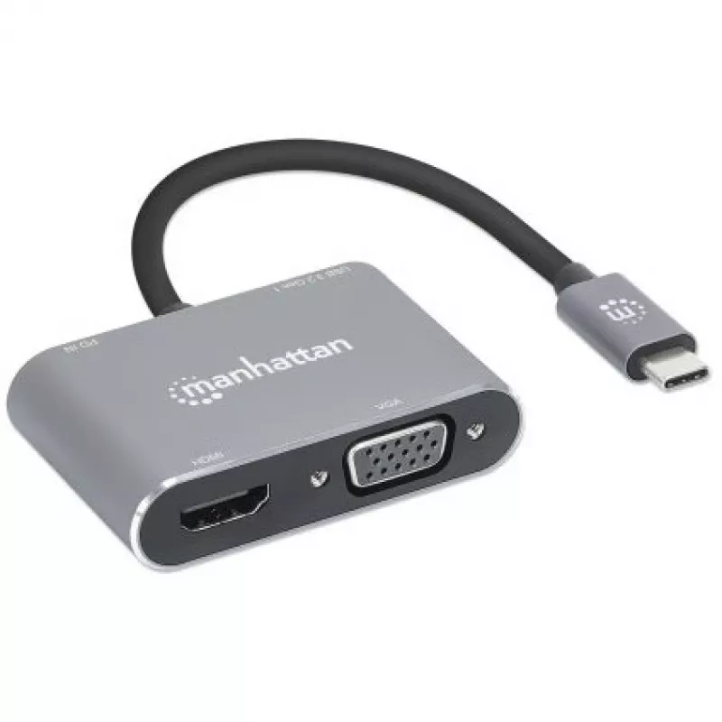 Manhattan USB-C Dock/Hub, Anschlüsse (x4): HDMI, USB-A, USB-C und VGA, mit Power Delivery (PD) 87W – externes USB-C-Ladegerät erforderlich (nicht im Lieferumfang). USB-betrieben (kein externes Netzteil erforderlich), wenn PD nicht verwendet wird, Aluminium
