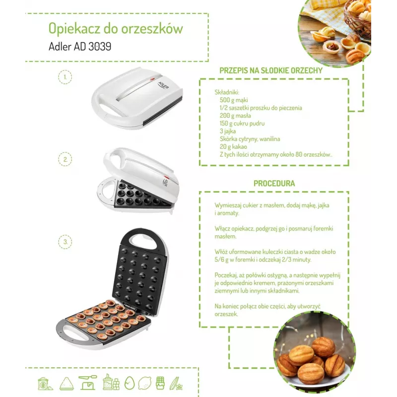 Waffeleisen Adler AD 3039 — 24 Waffeln, 1600 W, weiß, antihaftbeschichtet, kühlbleibende Griffe