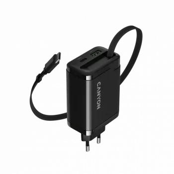 Ladegerät CANYON OnCharge 65RC mit integriertem USB-C-Kabel, 65 W, 1x PD, 1x QC, EU-Stecker, Schwarz