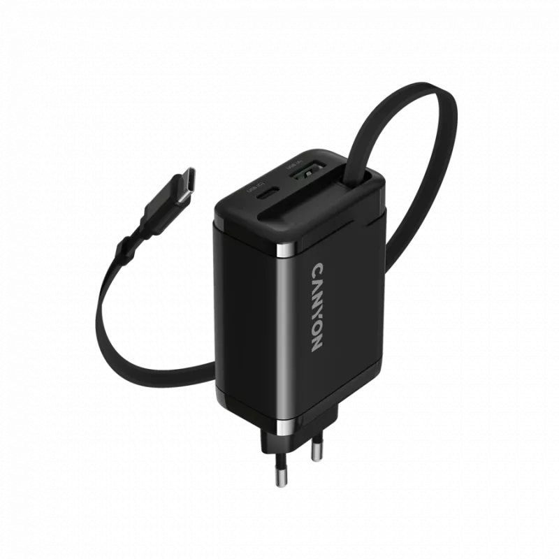 Ladegerät CANYON OnCharge 65RC mit integriertem USB-C-Kabel, 65 W, 1x PD, 1x QC, EU-Stecker, Schwarz
