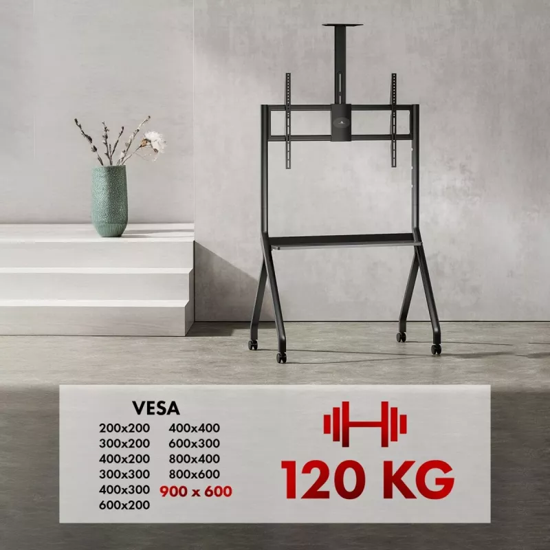 TV-Ständer MACLEAN MC-114 B tragbarer Bodenständer für 55–100 Zoll Bildschirme, max. Belastung 120 kg, VESA 200x200–900x600, Höhe 115–152 cm, schwarz, Regal
