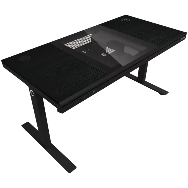 Dual-Motor-Sitz-/Steh-Höhenverstellbarer Gaming-Tisch mit integriertem PC-Gehäuse, kabellosem Ladegerät, RGB-Beleuchtung, Bedienfeld und USB-Anschlüssen, PB-Melamin-Tischplatte, schwarz