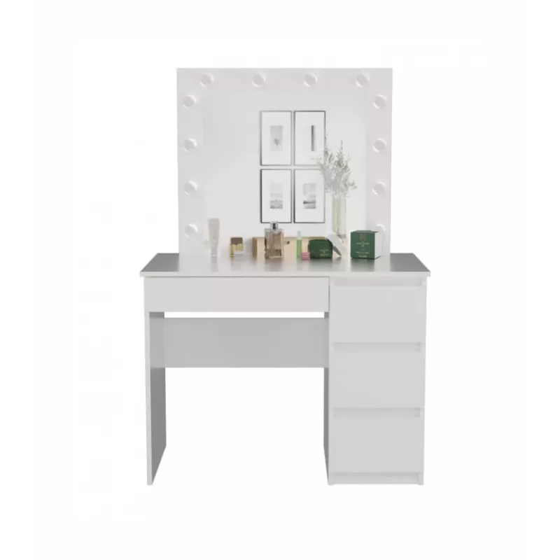 Schminktisch-Set MIJAS, rechtsseitig, top e shop — Tisch 98×76×51 cm, 4 Schubladen, LED-Spiegel, weiß, Höhe 1460 mm