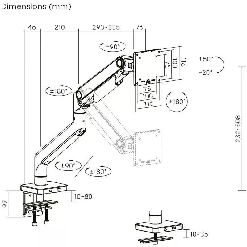 Monitorhalterung DIGITUS Single, Klemme, für bis zu 49 Zoll (124,5 cm), 20 kg, VESA 75x75–100x100, neigbar -20° bis 50°, höhenverstellbar, schwarz
