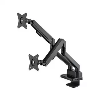 Manhattan Dual Desk Mount für TV & Monitore (Full Motion Gasdruckfeder) mit integriertem Dock, Für Bildschirme bis 27 Zoll, Anschlüsse (x7): Ethernet, HDMI (x2), USB-A (x3) und USB-C, Power Delivery (100 W) zum USB-C-Anschluss (separates USB-C-Netzteil/Kabel erforderlich), VESA: 75x75 und 100x100 mm