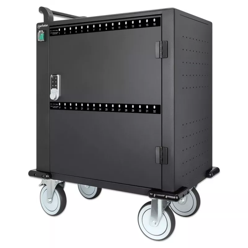 Manhattan iPad bis 13 Zoll, MacBook Air bis 13 Zoll & Chromebook bis 14 Zoll 32-Fach Lade-Wagen/Trolley über USB-C, Auch andere Tablets/Smartphones (mit Gerät-zu-USB-C-Kabel), Fächer 330x22x235 mm, Geräteladekabel nicht enthalten (empfohlen USB-C-Kabel 35