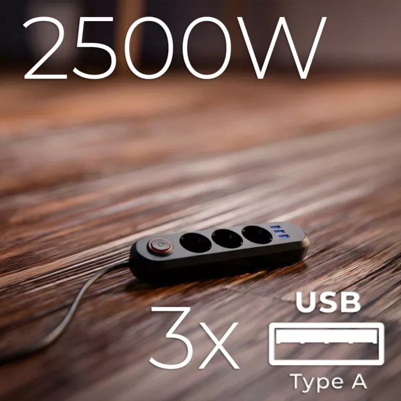 Steckdosenleiste MACLEAN MCE394 B — 3 Steckdosen + 3×USB A, 110–240V, 2,1A USB, 2500W, 1,5 m Kabel, schwarz