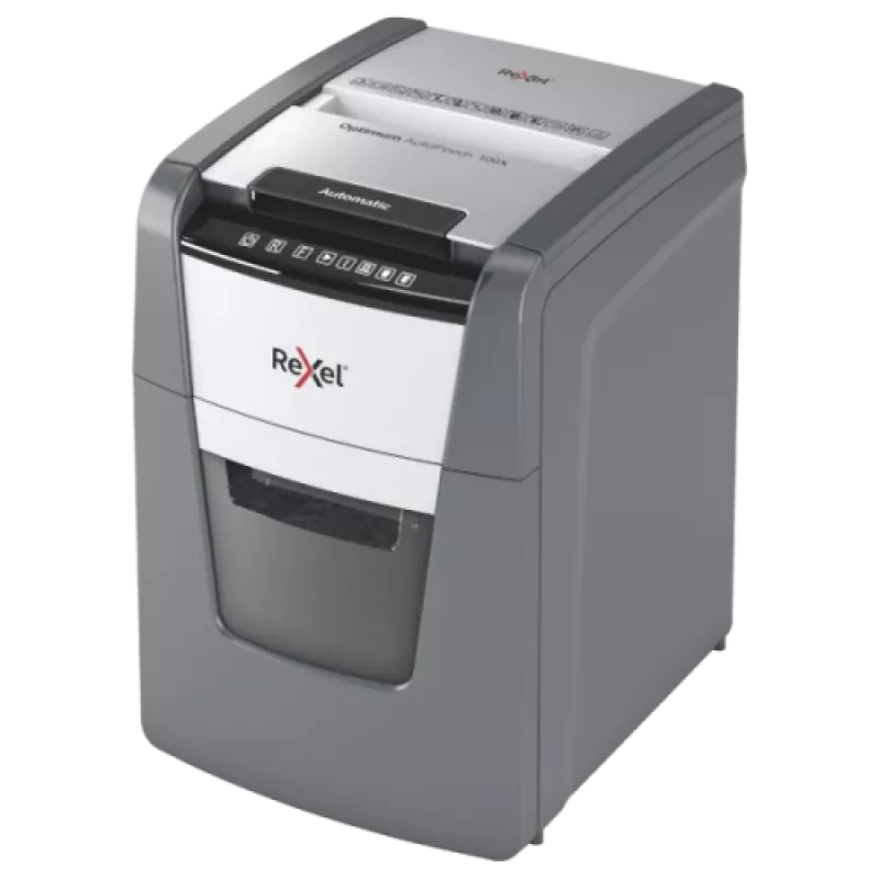 Aktenvernichter REXEL Optimum AutoFeed+ 100X — 100-Blatt automatische Zufuhr, 4 x 28 mm Kreuzschnitt, 34 L Auffangbehälter, Aluminium