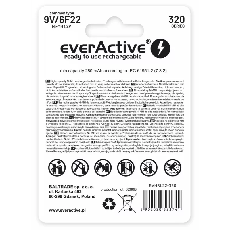 Wiederaufladbare Batterie everActive EVHRL22-320 9V NiMH prismatisch 8,4V, 55 g, 48,5 mm
