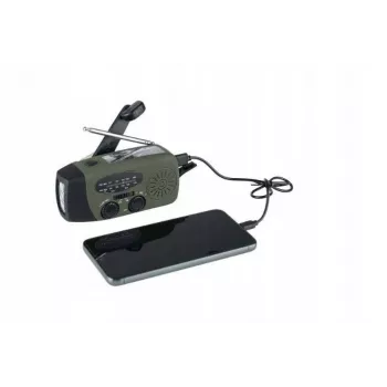 Notfallradio FOSCO 464600 mit LED-Taschenlampe, Powerbank, FM, IPX3, Solar-/Handkurbel-/USB-C-Ladung — grün/schwarz