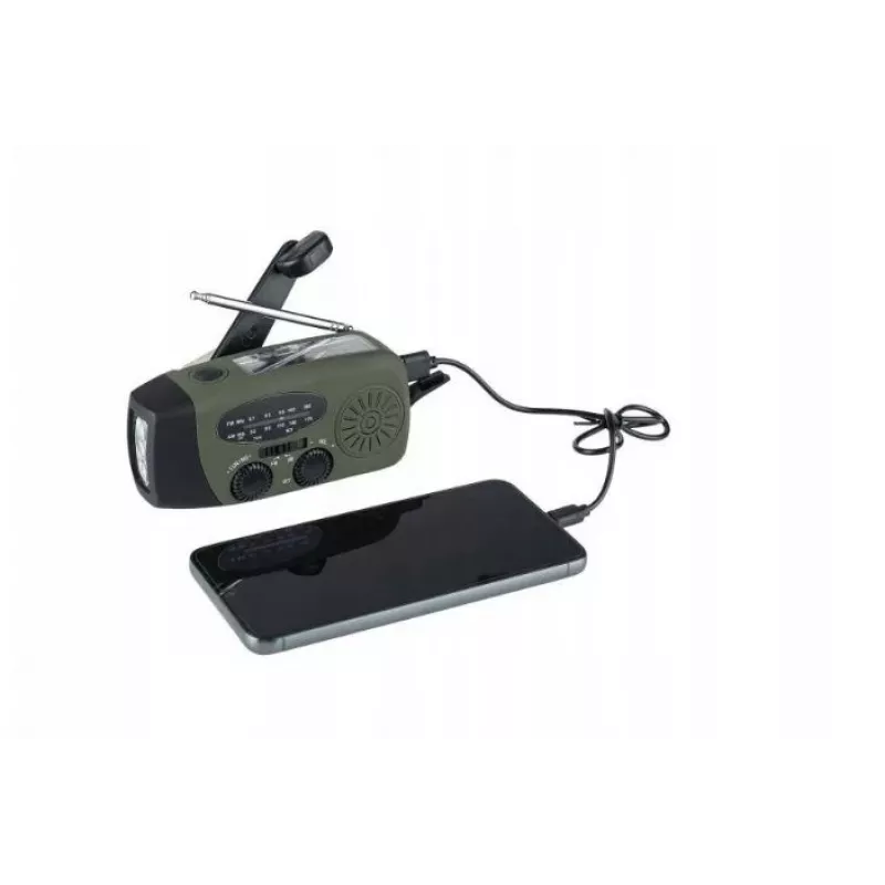 Notfallradio FOSCO 464600 mit LED-Taschenlampe, Powerbank, FM, IPX3, Solar-/Handkurbel-/USB-C-Ladung — grün/schwarz