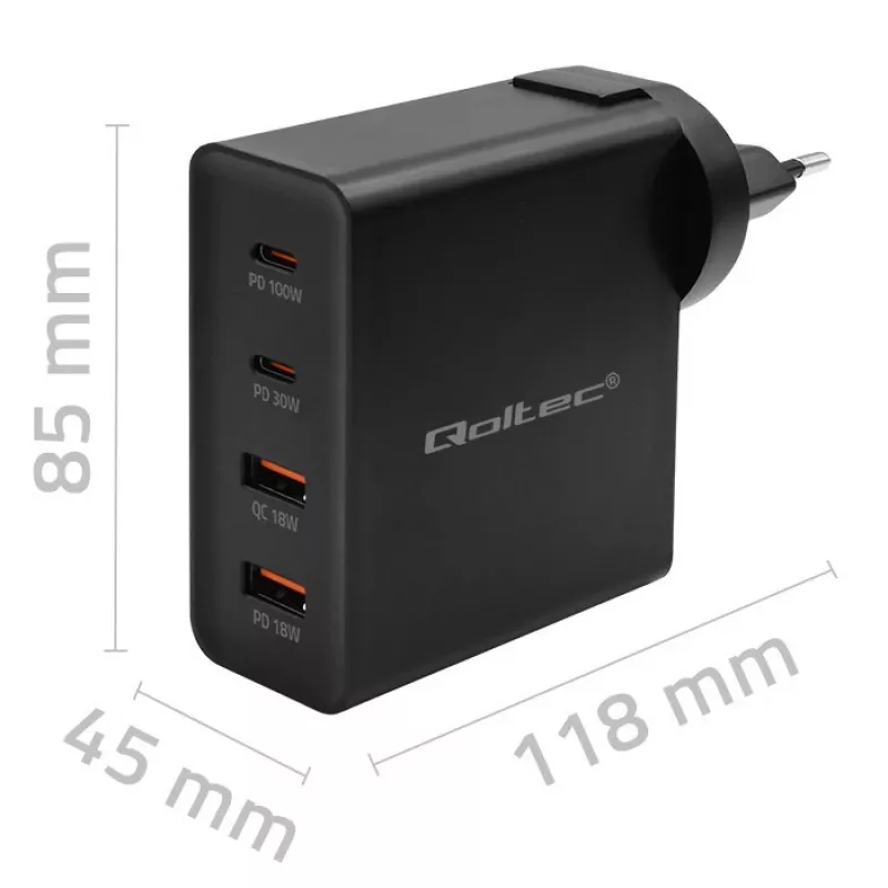 Qoltec GaN POWER PRO Ladegerät | 2xUSB-C | 2xUSB | 130W | 5-20V | 1.5-5A | XP | Schwarz