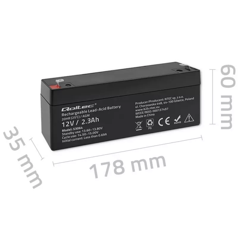 Versiegelte AGM-Batterie QOLTEC 12V 2,3Ah für USV- und Backup-Systeme, max. Entladung 34,5A