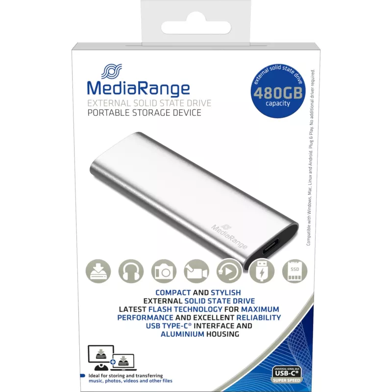 MediaRange MR1102 - SSD - 480 GB - extern (tragbar) - USB 3.2 Gen 2 (USB-C-Anschluss) - Silber (MR1102)