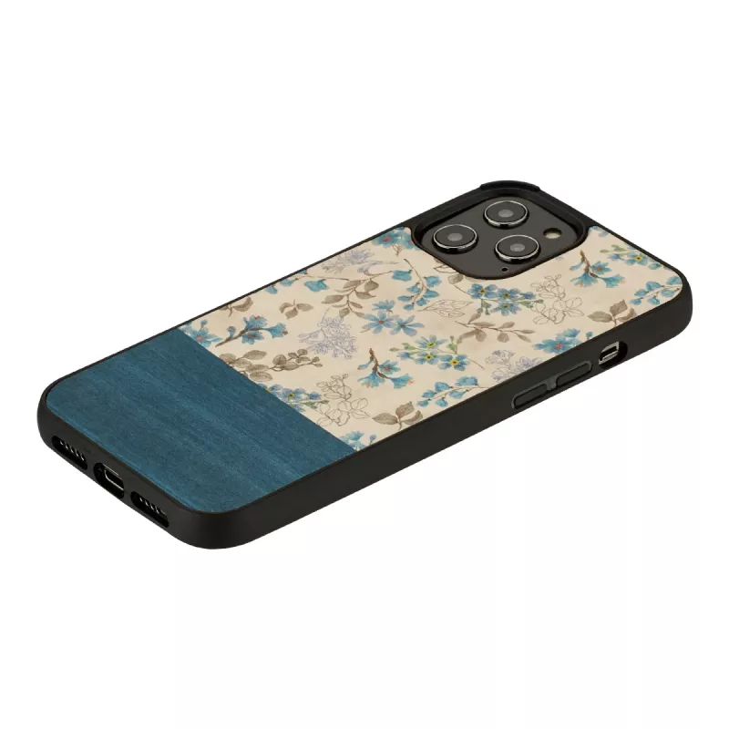 Handyhülle man and wood für iPhone 12 Pro Max — blaue Blume auf Schwarz