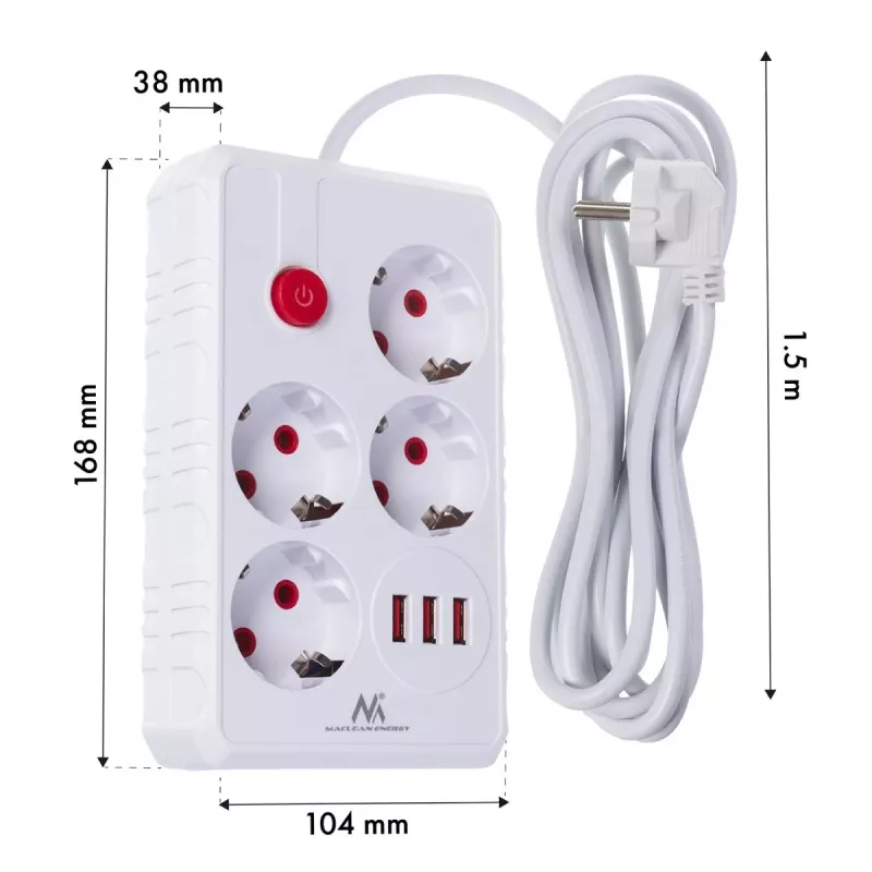 Steckdosenleiste MACLEAN MCE392 W — 4 F-Steckdosen, 3×USB A, 110–240 V, 2,1 A max, 2500 W, 1,5 m Kabel, weiß