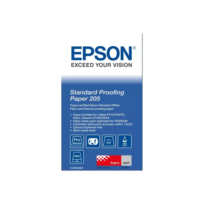 Epson Standard Proofing Paper, 17 Zoll x 50m, 205g/m², 50 m, 43,2 cm, 43,2 cm (17 Zoll), Matt, 190 µm, 205 g/m²