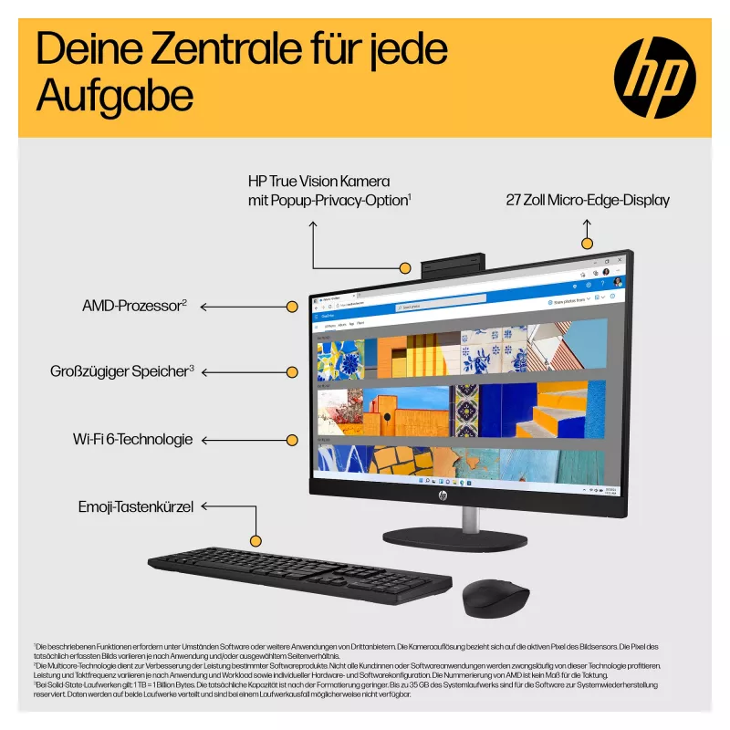 HP 27-cr0471ng - All-in-One (Komplettlösung) - Ryzen 7 7730U - RAM 16 GB - SSD 512 GB - NVMe - Radeon Graphics - 1GbE, Wi-Fi 6, Bluetooth - WLAN: 802.11a/b/g/n/ac/ax, Bluetooth