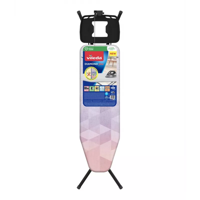 Vollformat-Bügelbrett VILEDA Dimond Plus 173270 — 1200×380 mm, höhenverstellbar 77–97 cm, Baumwollbezug, Stahlbeine, Bügeleisenablage