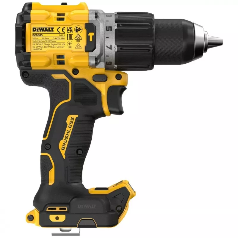 Pistolengriff-Bohrmaschine DeWalt DCD805NT-XJ — 18 V bürstenlos, 2000 U/min, 90 N·m, 13 mm Bohrfutter, 1,34 kg