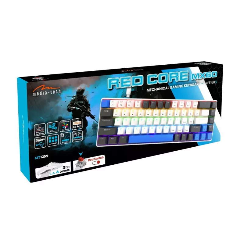 Mechanische Tastatur MEDIA-TECH MT1259 Red Core MX60, 60% Formfaktor, CHERRY MX Red Schalter, RGB-Hintergrundbeleuchtung, USB, High-Profile-Tasten