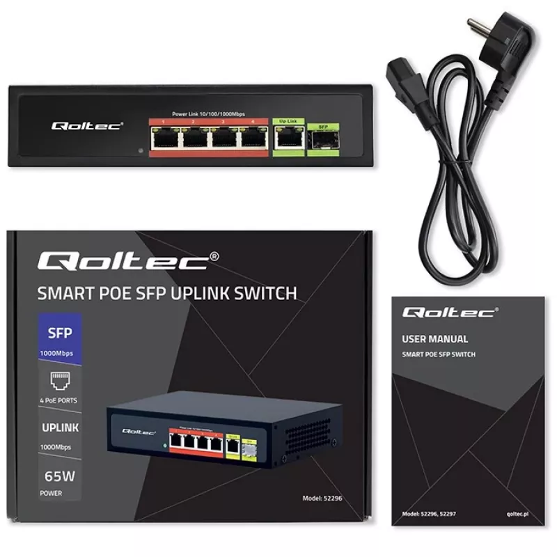Ethernet PoE Switch QOLTEC 52296 — 4x RJ45 PoE-Ports, 1x RJ45 Uplink